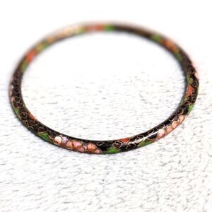 Vintage 1970's Black & Pink Chinese Cloisonne Enamel Floral Bangle Bracelet
